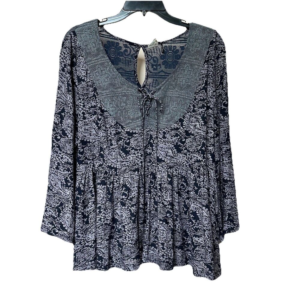Anthropologie Akemi + Kin Top Med Cotton Dark Paisley Mesh Peplum Pullover Boho